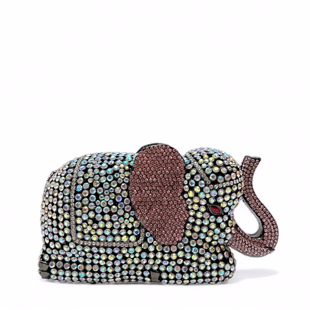 Off Park Collection AB Pink Crystal Elephant Trunk Up Minaudiere Clutch Purse